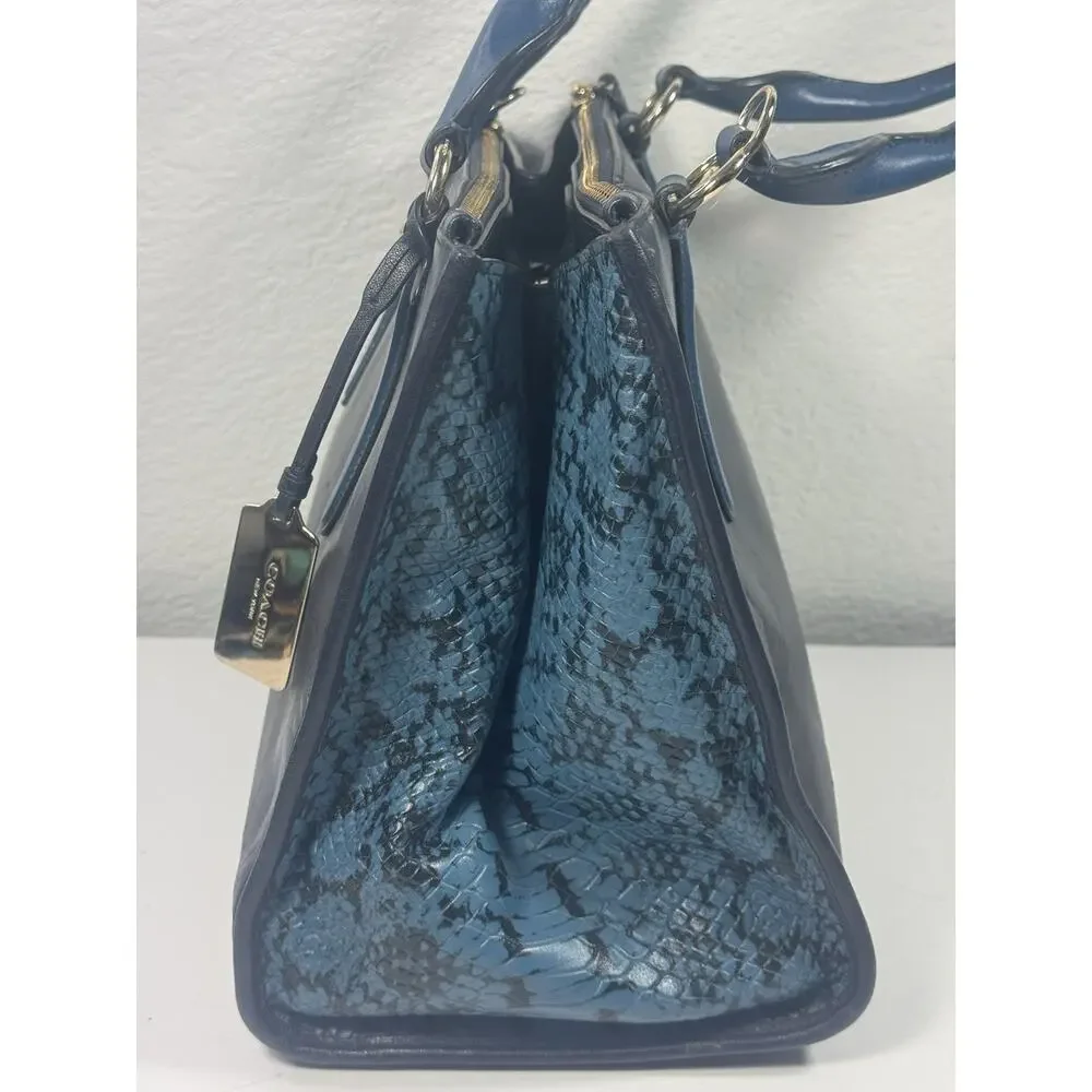 Coach Two Tone Blue Python Embossed And Leather Carryall Tote